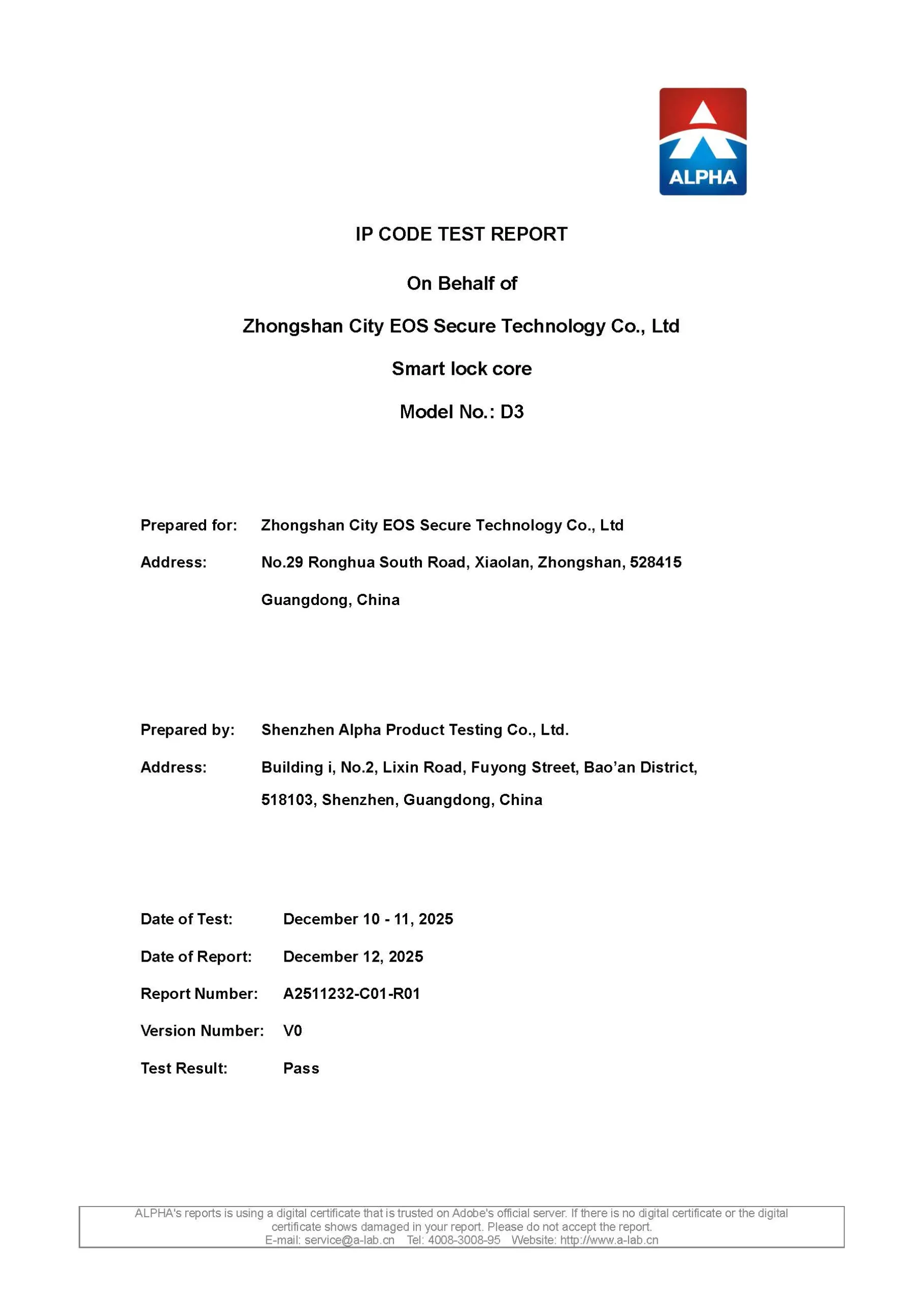 IP rating certificate for selected models