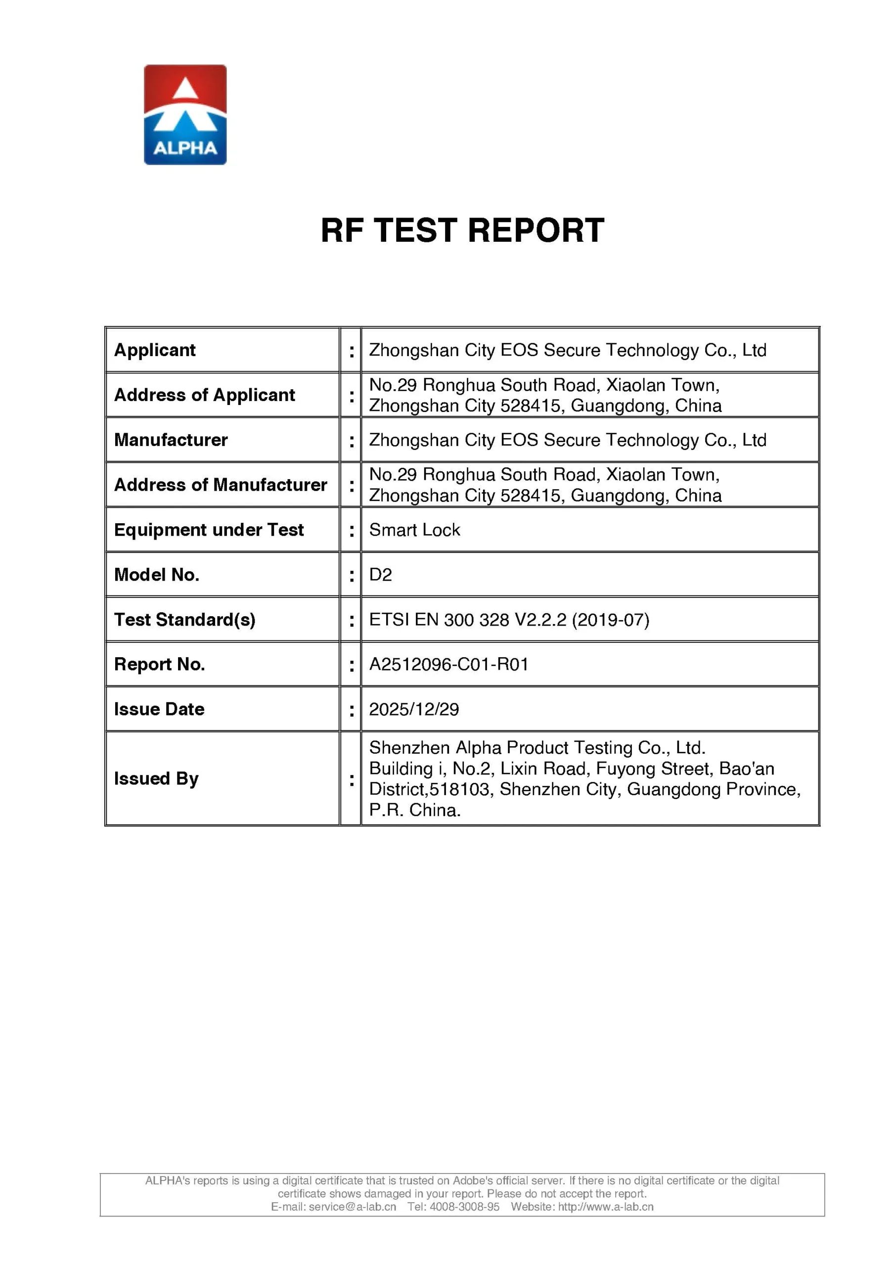 Lab test report